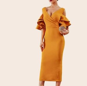 Dress Cocktail Layered Ruffle Shoulder Bodycon